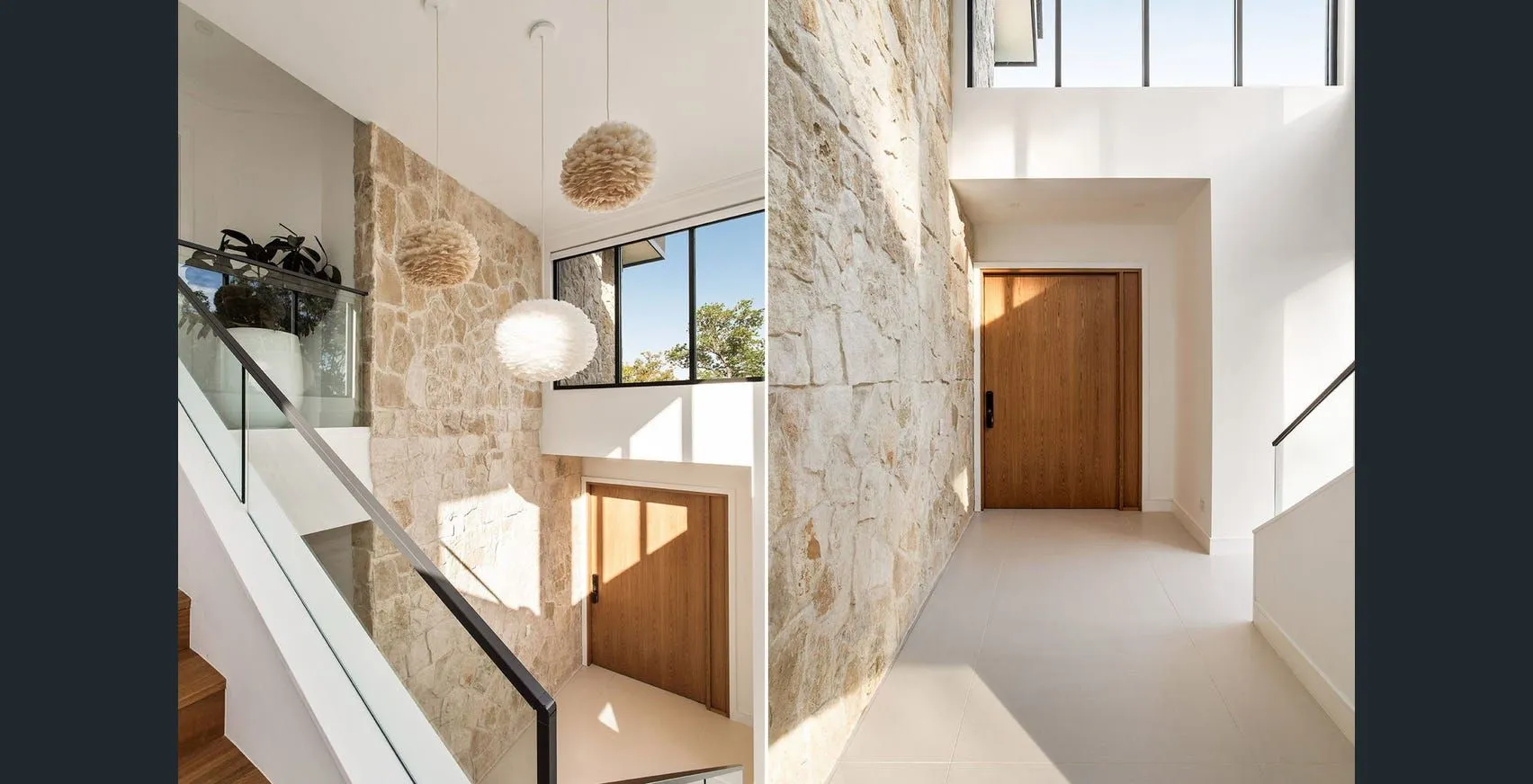 Natural stone wall and entry finish in a completed project